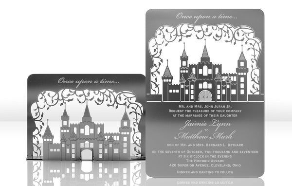 Silver Metal Wedding Invitation with Castle Fairytale