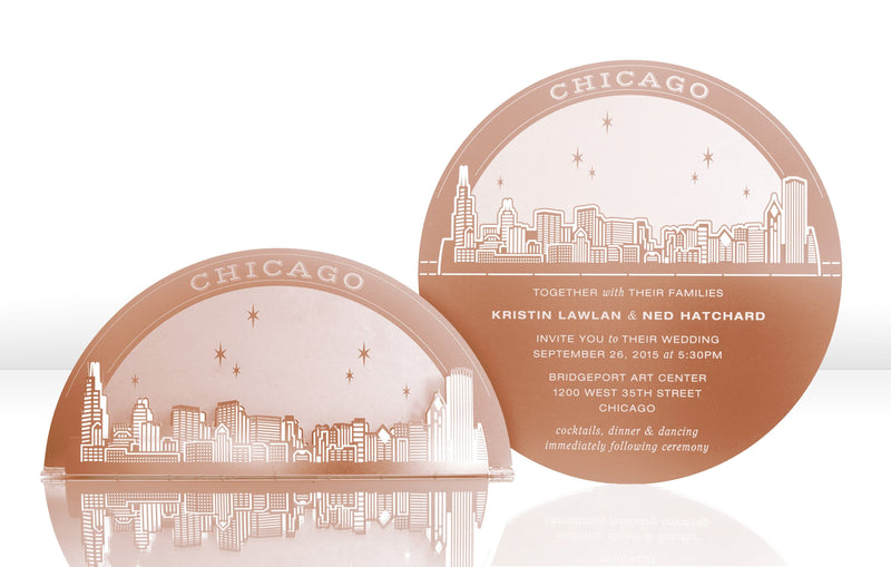 Rose Gold Metal Wedding Invitation with Chicago Skyline