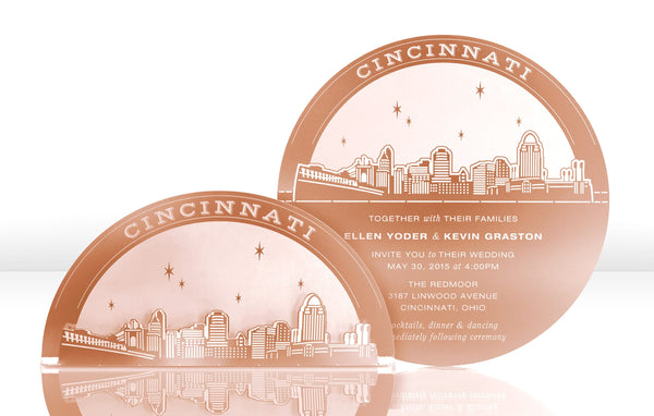 Rose Gold Metal Wedding Invitation with Cincinnati Skyline
