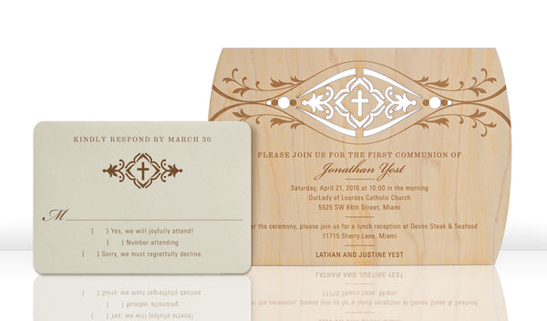 Holy Communion Laser Cut Wood Invitations with Cross