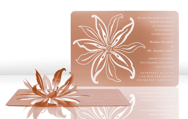 Rose Gold Metal Wedding Invitation with 3D Lily