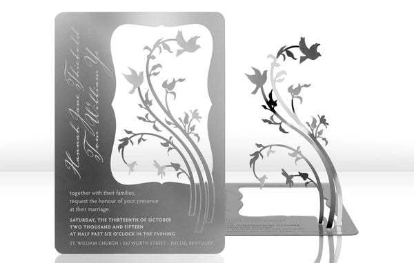 Silver Metal Wedding Invitation with Love Birds and Vines