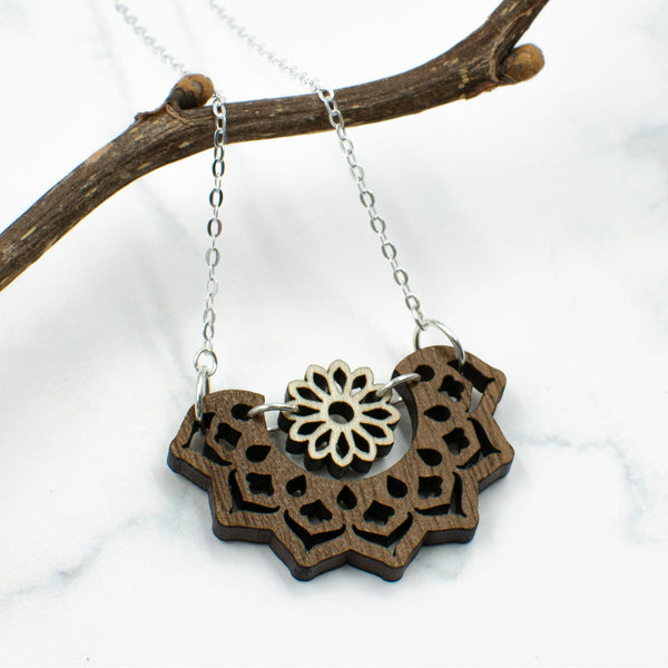Mandala and Flower Wood Necklace