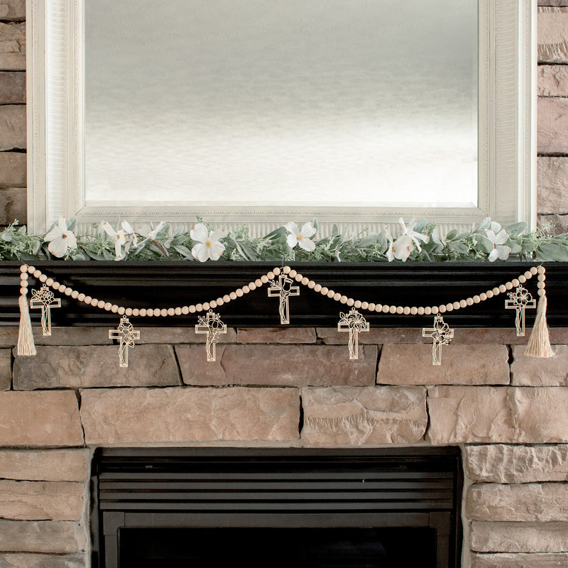 Cross Beaded Wood Garland for Fireplace