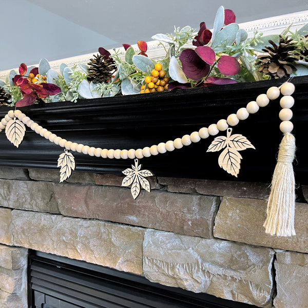 Wood Beaded Garland with Fall Leaves
