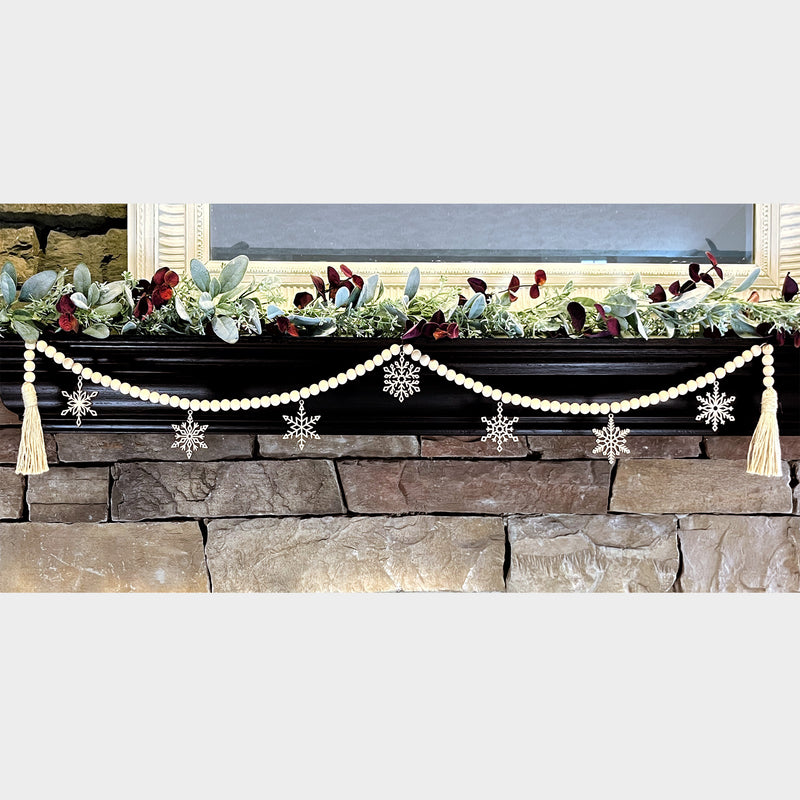 Snowflake Beaded Wood Garland for Fireplace