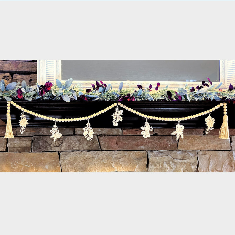 Poinsettia Beaded Wood Garland for Fireplace
