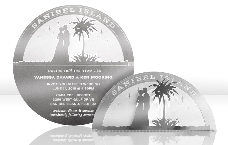 Silver Metal Wedding Invitation with Beach and Palm Tree