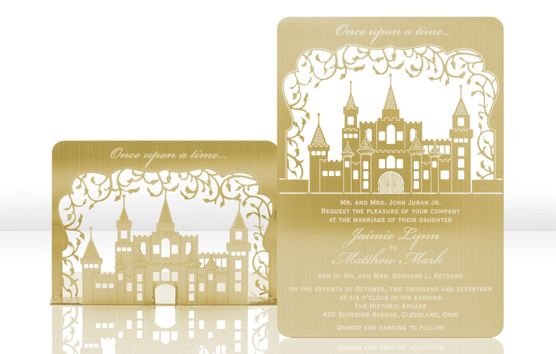 Gold Metal Wedding Invitation with Castle