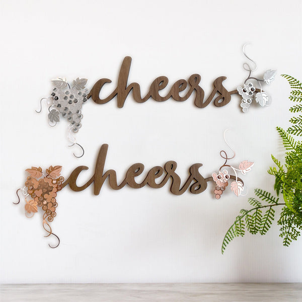 Cheers Home Bar Wall Art Wood with Metal Grapes
