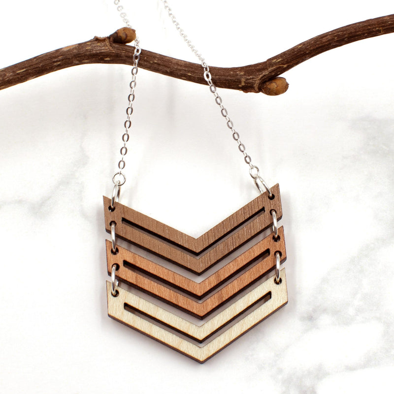 Chevron Wood Necklace with Silver Chain