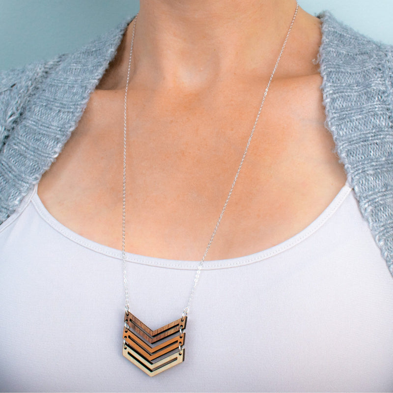 Chevron Wood Necklace with 24" Silver Chain