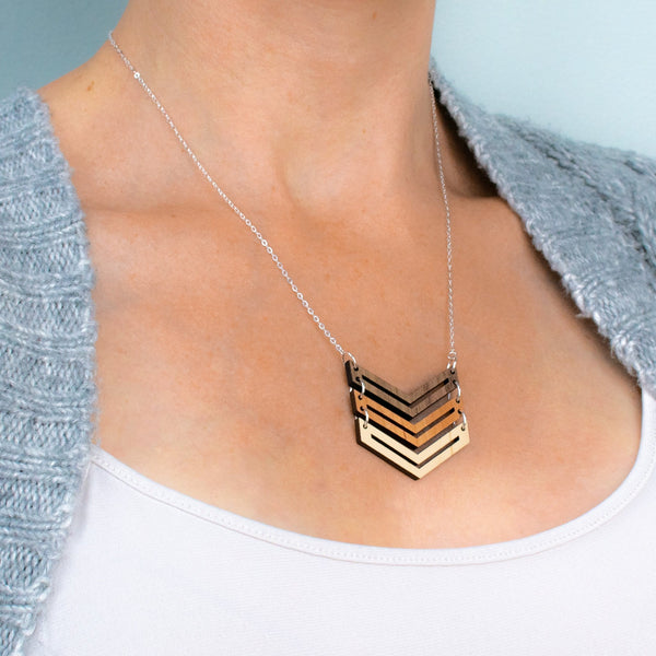 Chevron Wood Necklace with 16" Silver Chain