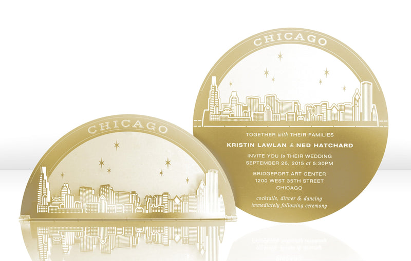 Gold Metal Wedding Invitation with Chicago Skyline