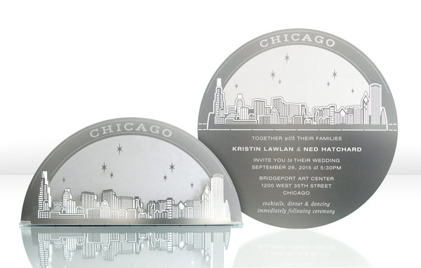 Silver Metal Wedding Invitation with Chicago Skyline