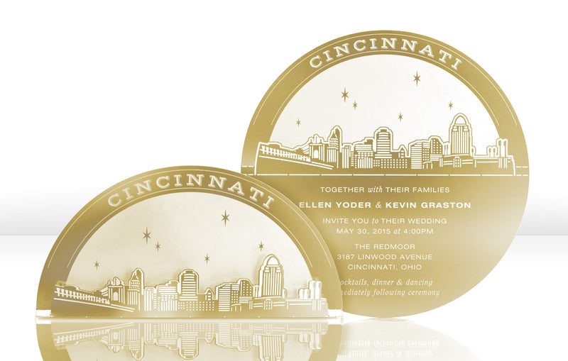 Gold Metal Wedding Invitation with Cincinnati Skyline