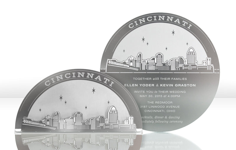 Silver Metal Wedding Invitation with Cincinnati Skyline