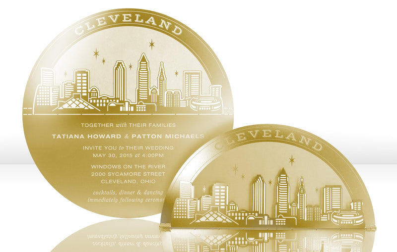 Gold Metal Wedding Invitation with Cleveland Skyline