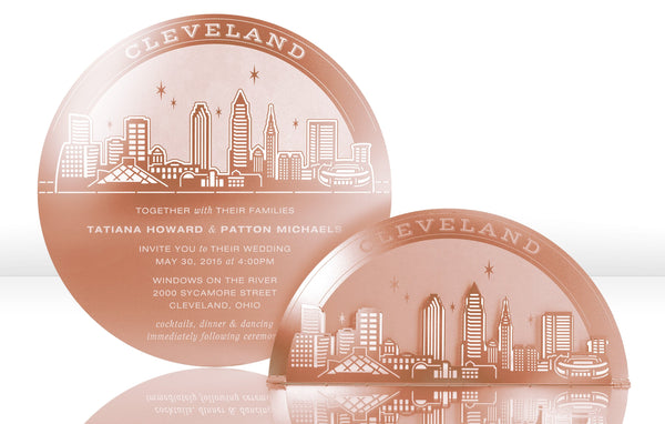 Rose Gold Metal Wedding Invitation with Cleveland Skyline