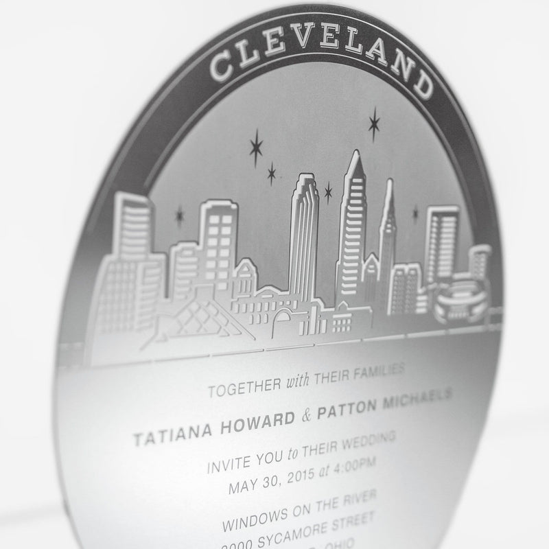 Engraved Metal Wedding Invitation of Cleveland City Skyline