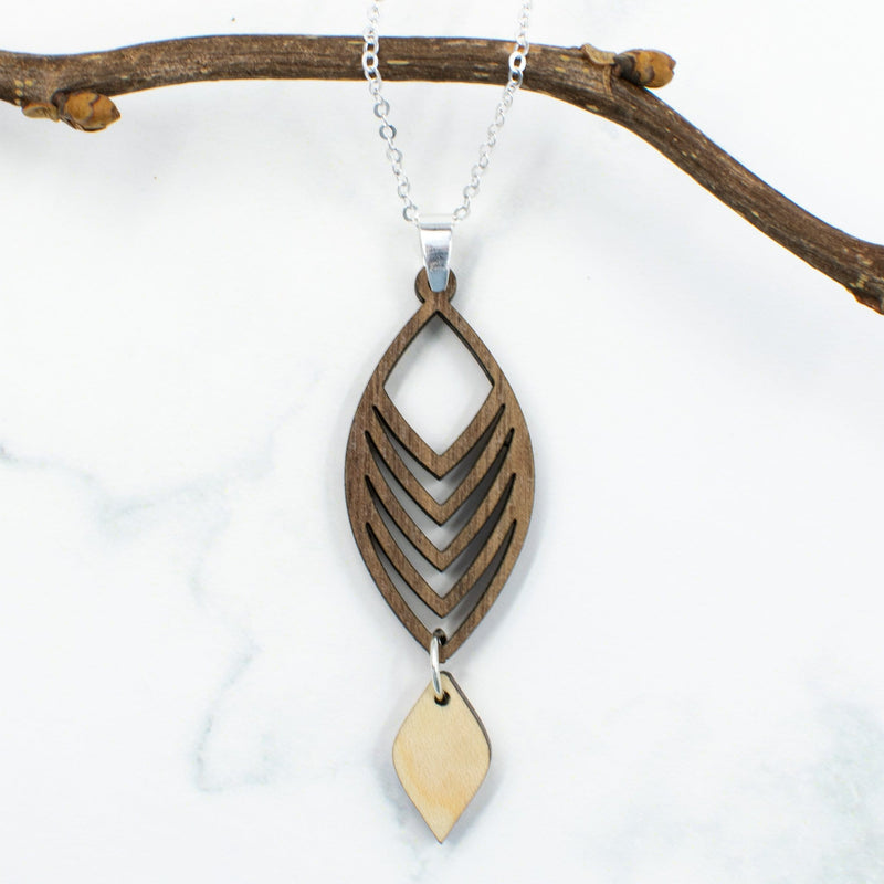 Curved Chevron Wood Necklace with Silver Chain