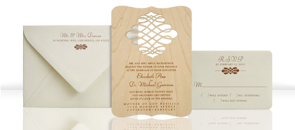 Elegant Swirl Design Filigree Laser Cut Wood Wedding Invitations