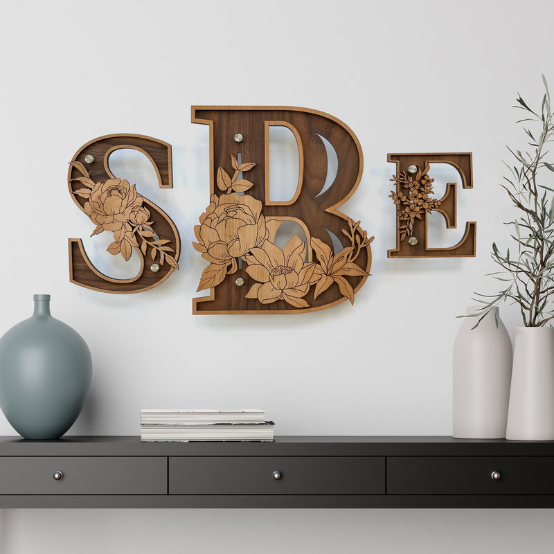 Wood Letters and Numbers Wall Art - Floral Design 9 Height / Add Wall Standoffs
