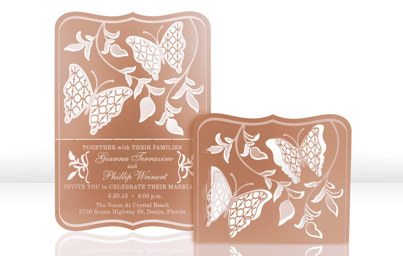 Rose Gold Metal Wedding Invitation with Butterfly Theme