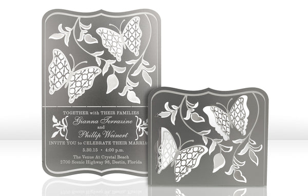 Silver Metal Wedding Invitation with Butterflies