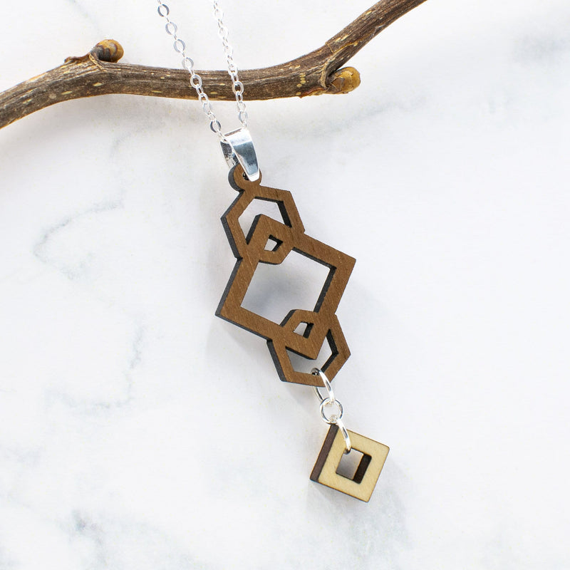 Geometric Two-Tone Hardwood and Silver Necklace