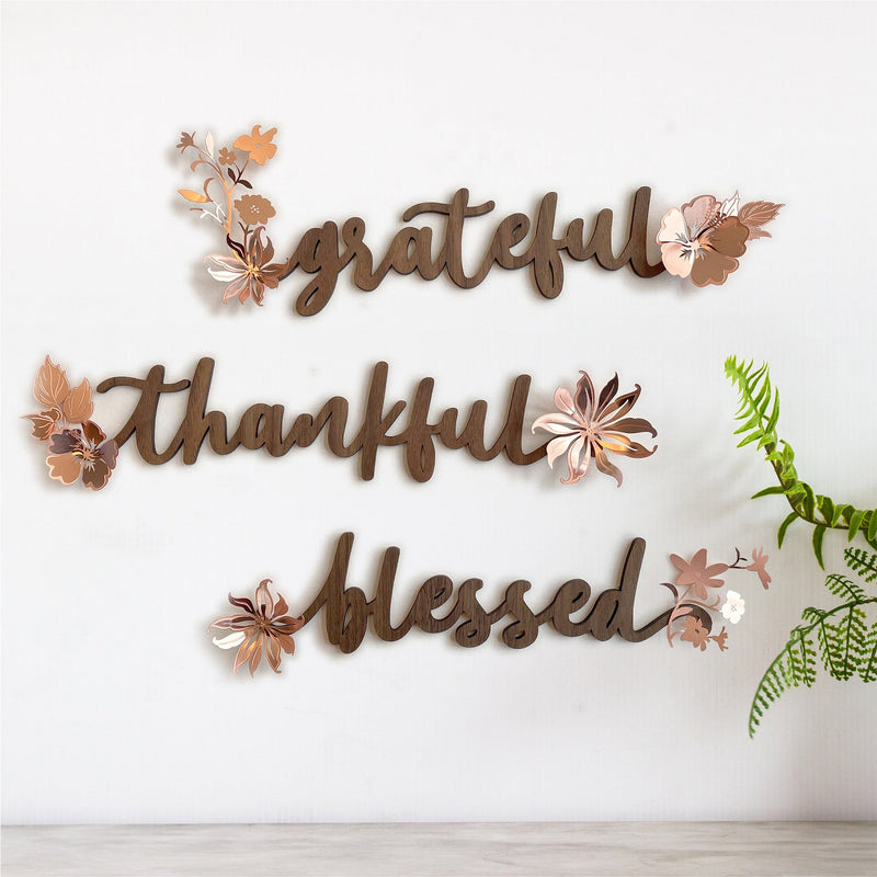 Grateful Thankful Blessed Wall Art Wood with Rose Gold Metal Flowers