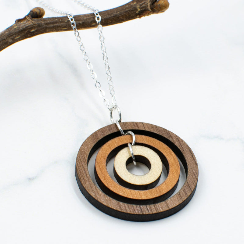 Gyroscope Circles Three-Tone Hardwood and Silver Necklace