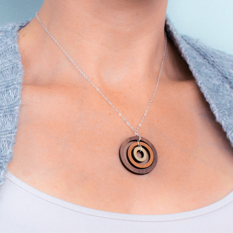 Gyroscope Circles Three-Tone Hardwood and Silver Necklace