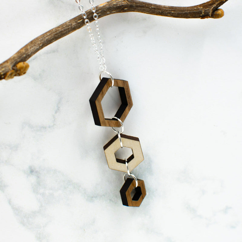 Hexagon Two-Tone Hardwood and Silver Necklace
