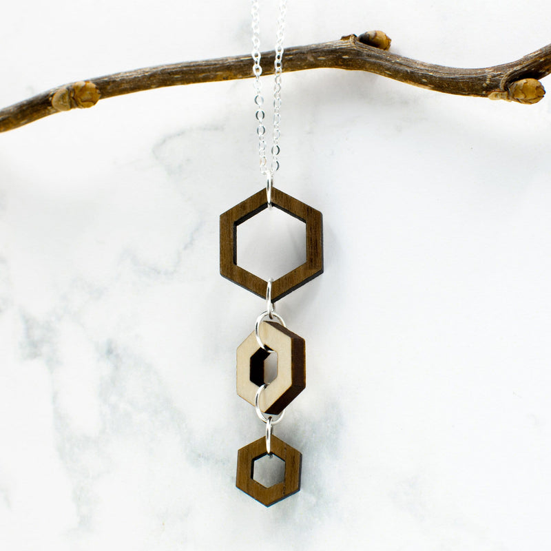 Two Tone Hexagon Wood Necklace