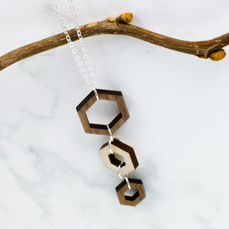 Two Tone Wood Hexagon Necklace