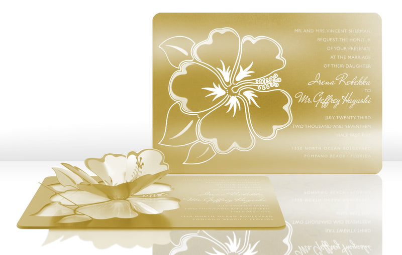 Gold Metal Wedding Invitation with Tropical Floral