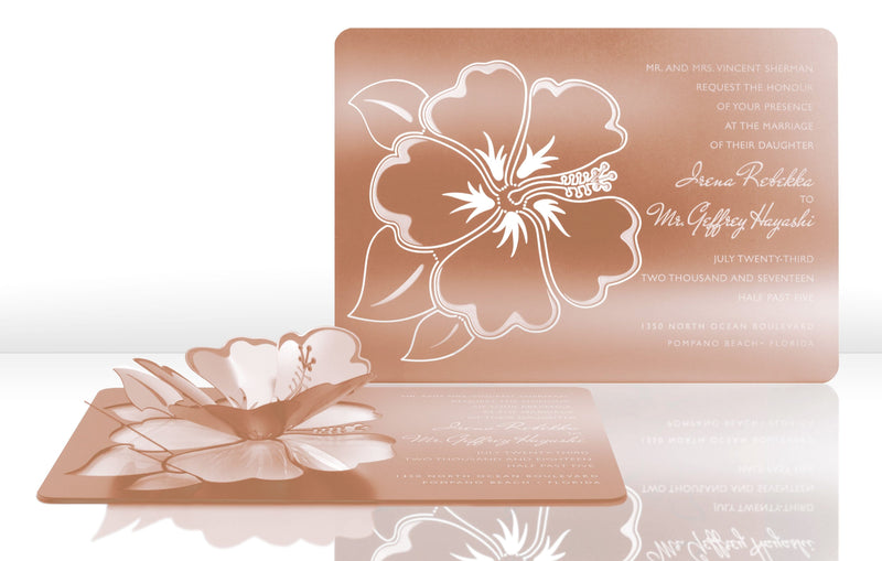 Rose Gold Metal Wedding Invitation with Tropical Flower
