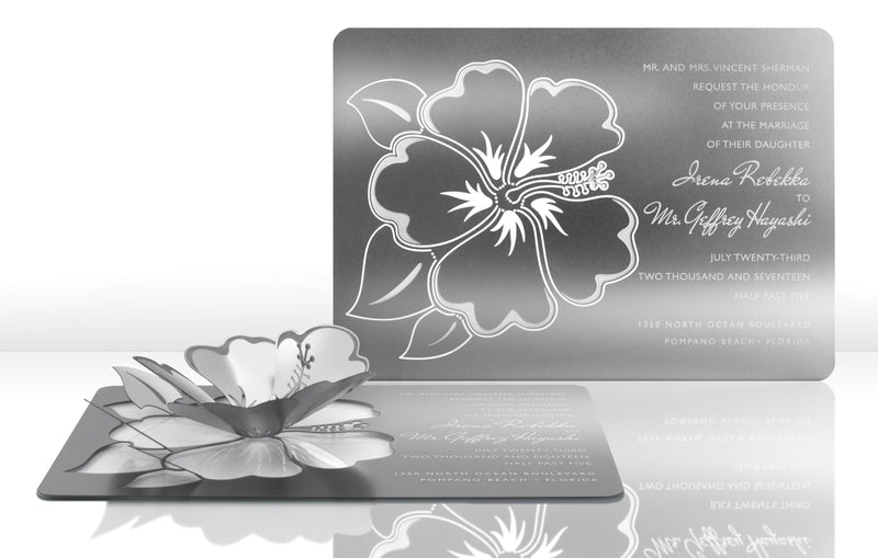 Silver Metal Wedding Invitation with Hibiscus Flower