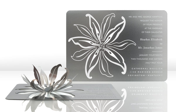 Silver Metal Wedding Invitation with Lily Flower