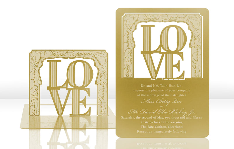 Gold Metal Wedding Invitation with Word Love Design