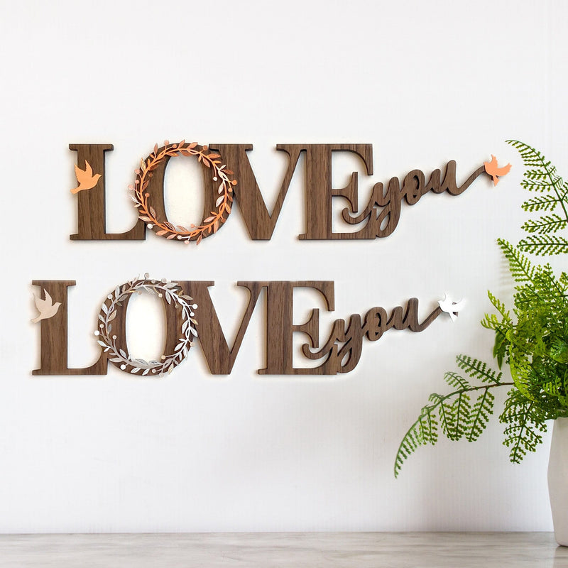 Love Wood Art with Metal Wreath and Birds