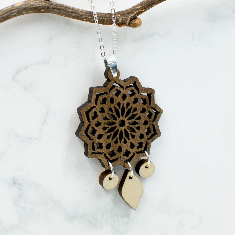 Mandala Two-Tone Hardwood and Silver Necklace