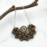 Mandala and Flower Two-Tone Hardwood and Silver Necklace