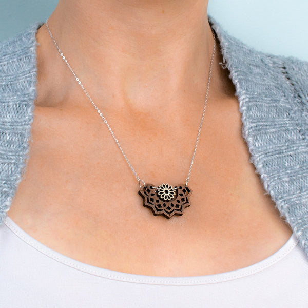 Mandala and Flower Two-Tone Hardwood and Silver Necklace