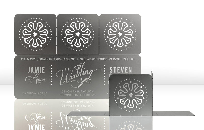 Silver Metal Wedding Invitation with Geometric Floral Design