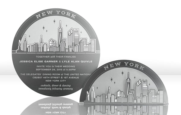 Silver Metal Wedding Invitation with New York City Skyline