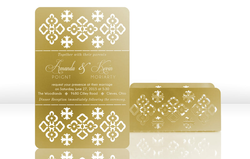 Gold Metal Wedding Invitation with Ornate Pattern 