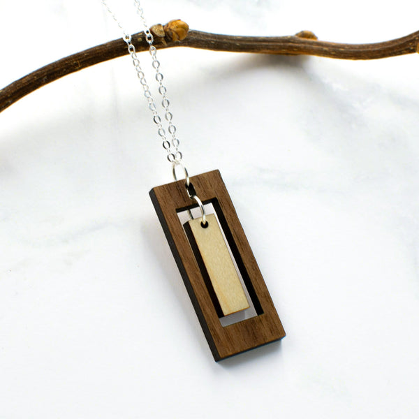 Rectangle Two-Tone Hardwood and Silver Necklace