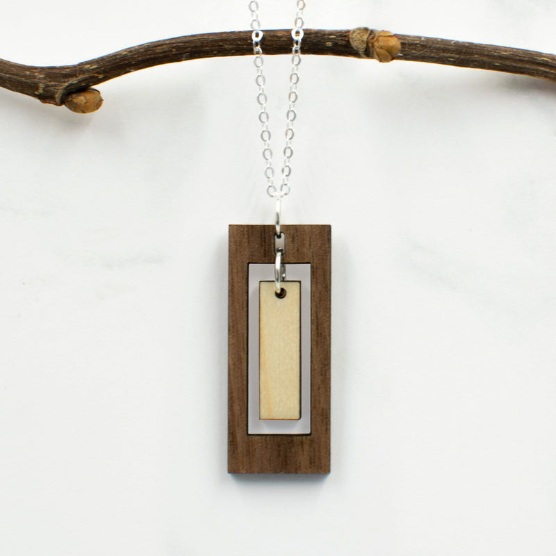 Modern Rectangle Charm Wood Necklace